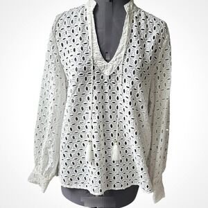 INC International Concepts Cotton White Eyelet Lace Tassel Tie Blouse Top Size M